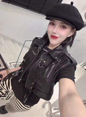个性设计感拉链铆钉绵羊皮机车马夹外套女春季新款工装多口袋马甲