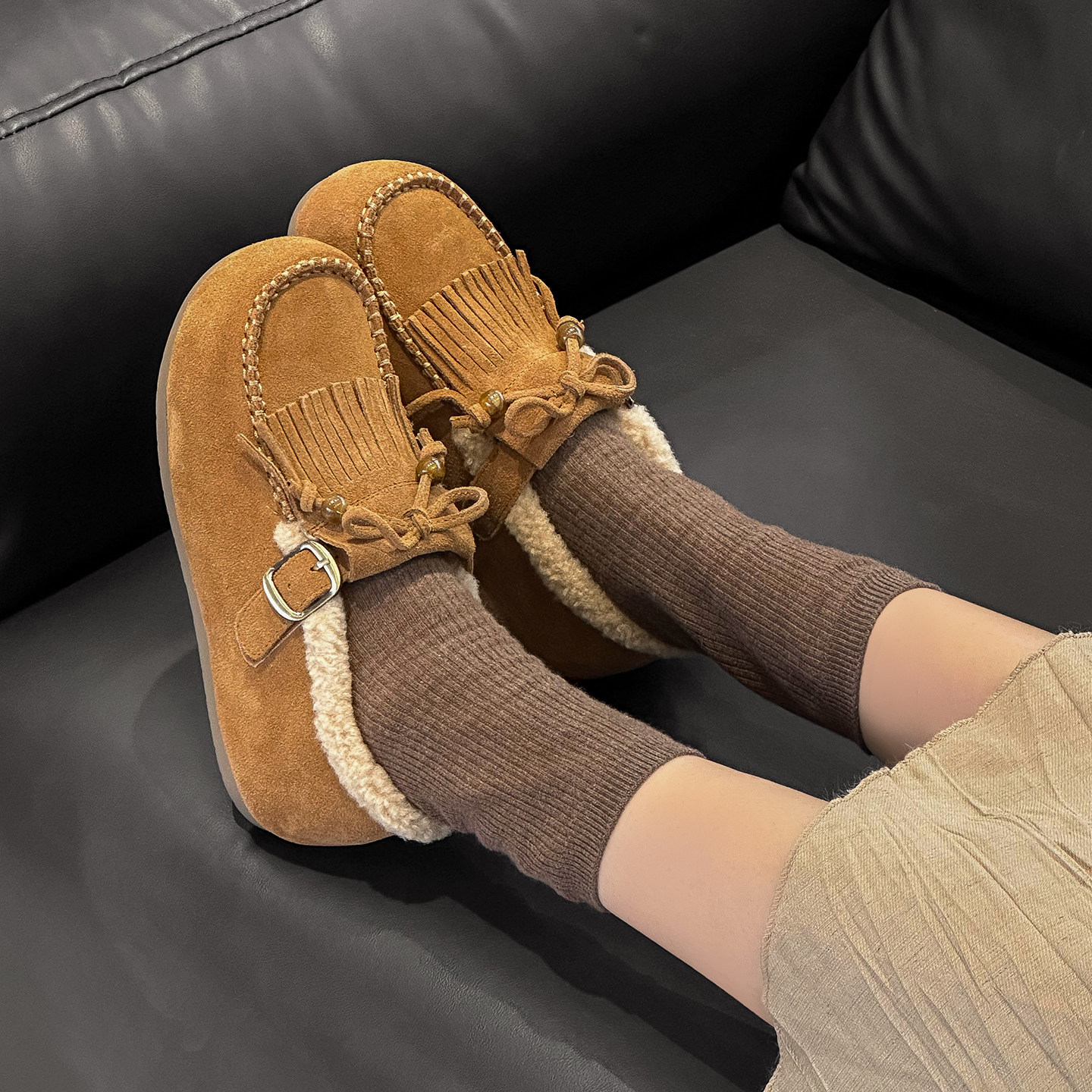 豆豆鞋女2025新款全包真皮加绒保暖一脚蹬懒人流苏毛毛勃肯鞋瓢鞋,女鞋,乐福鞋（豆豆鞋）,淘宝优惠券,粉丝福利购,淘宝优惠卷