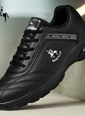 保罗男鞋冬季厚底气垫运动鞋黑色皮面旅游鞋跑步男士波鞋休闲皮鞋