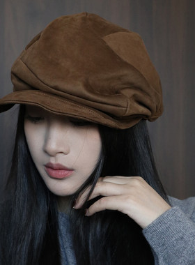 山本风麂皮绒剑桥帽女秋冬八角帽鸭舌贝雷帽立体剪裁褶皱画家帽子