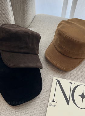 秋冬新款利落版型麂皮绒平顶马术帽韩系古早味平顶鸭舌帽女显脸小