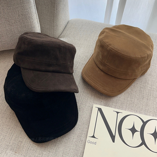 秋冬新款利落版型麂皮绒平顶马术帽韩系古早味平顶鸭舌帽女显脸小