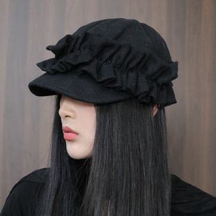 繁花似锦 小众设计褶皱花边亚麻马术帽女春夏季显脸小名媛报童帽