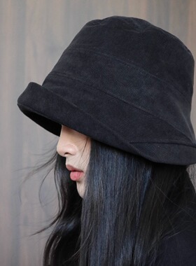 黑武士风 细灯芯绒渔夫帽女秋冬大头围显脸小的素颜遮脸帽灯罩帽