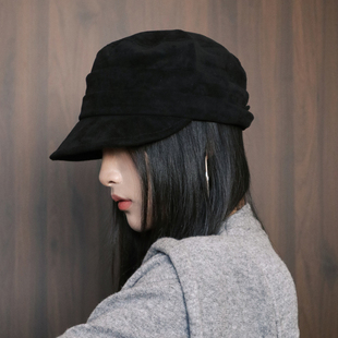 中古麂皮工装风 闭眼入的秋冬马术帽显脸小报童帽弯檐平顶骑士帽