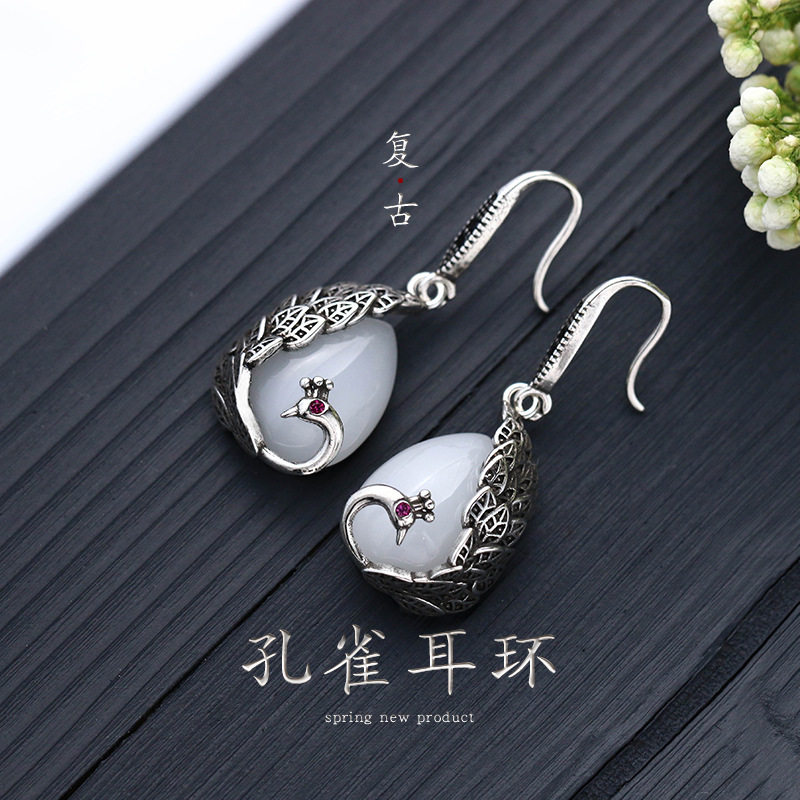 复古国风纯银孔雀白色水滴和田玉石长款耳饰耳环女高级感新款爆款