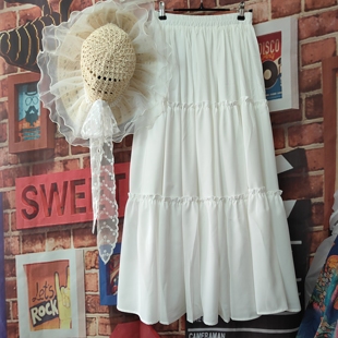 白色木耳花边夏2025新款半身裙长款大摆裙垂坠感女雪纺棉麻荷叶边