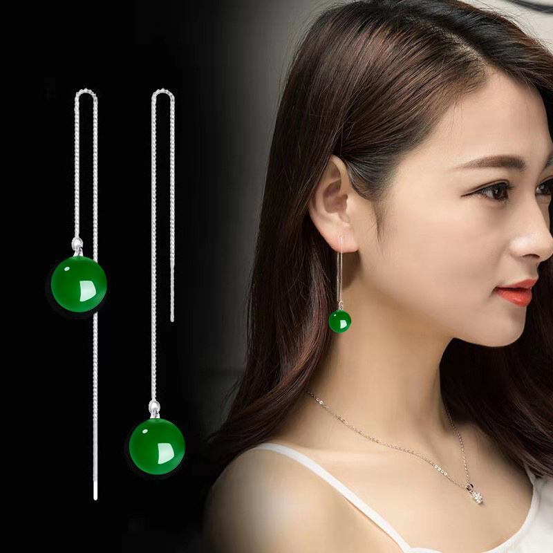 纯银女时尚气质绿色玛瑙耳线长款耳坠耳饰圆脸显瘦小众设计高级感