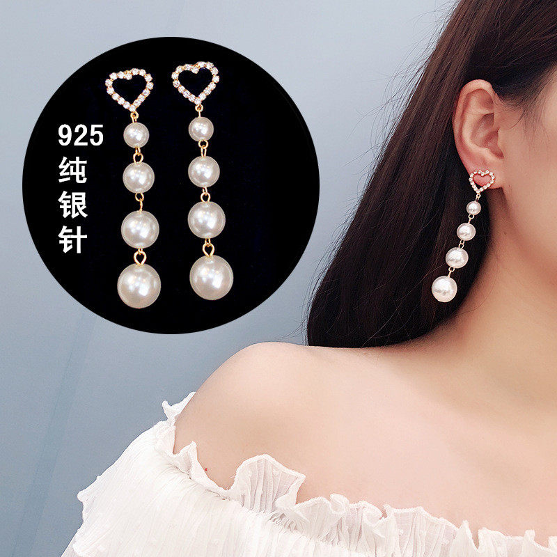 925纯银针闪钻爱心珍珠长款时尚潮流耳环气质百搭网红性感耳坠女