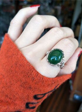 925纯银绿玛瑙玉髓夸张大个性食指戒指女轻奢高级感小众设计复古