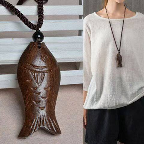 高级感复古长款项链毛衣链女小众挂件民族风木鱼木质棉麻服配饰品