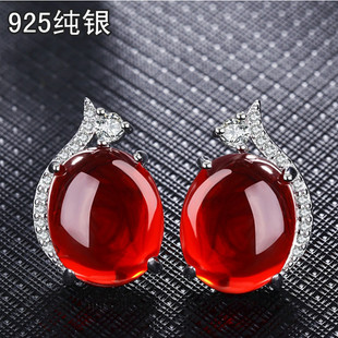 925纯银气质耳钉女红色玛瑙宝石耳环耳饰轻奢高级感百搭2025新款