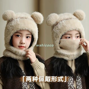 儿童毛线针织帽女童男孩秋冬围脖一体连帽宝宝防风护耳保暖套头帽
