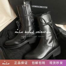 现货包邮*Ann Demeulemeester 秋冬新款黑色后绑带 牛皮中筒靴子