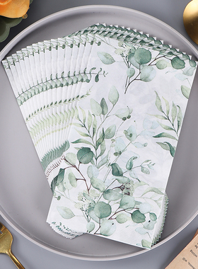 新款尤加利叶彩色餐巾纸 绿色印花纸巾面巾纸 婚礼用纸蝶骨巴特纸