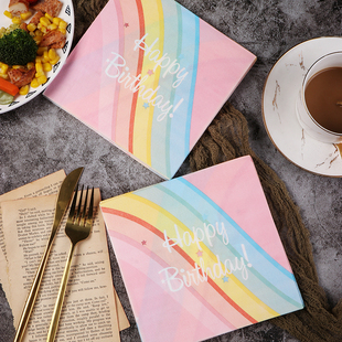 工厂直销新款彩色纸巾 派对印花餐巾纸 生日布置甜品台纯木浆纸