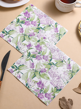 新款紫色花彩色餐巾纸 印花纸巾 西餐厅酒店咖啡厅纯木浆纸20张