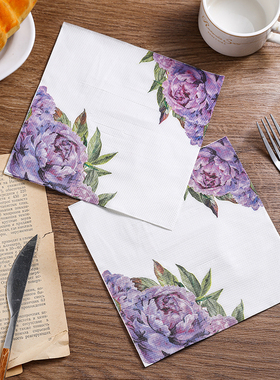 新款紫色花彩色餐巾纸 印花纸巾 西餐厅酒店咖啡厅纯木浆纸20张