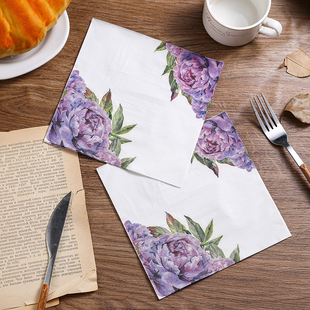 新款紫色花彩色餐巾纸 印花纸巾 西餐厅酒店咖啡厅纯木浆纸20张