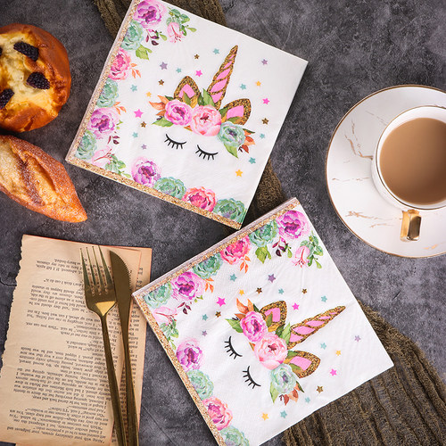 新款彩色纸巾 印花餐巾纸 独角兽生日派对用纸 纯木浆纸巾20张