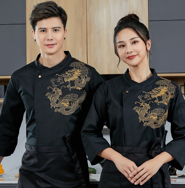 新款高端厨师长工作服绣龙男长袖饭店后厨房秋冬面点烘焙大厨衣女