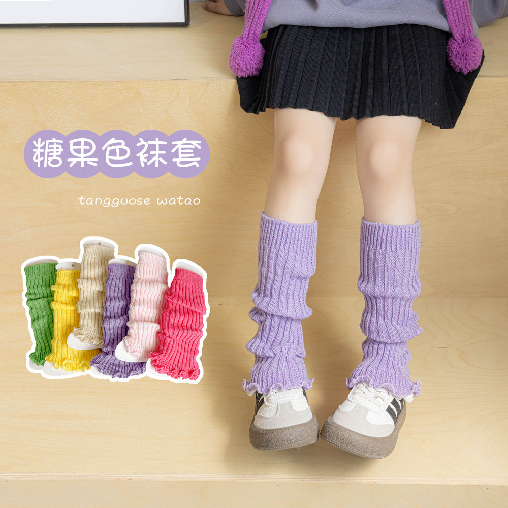 儿童小腿袜套红色女童新年针织保暖堆堆袜女孩子春秋冬针织糖果色