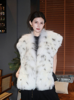 进口加拿大斑点豹纹lynx皮草披肩三角款蓬松礼服坎肩裘皮貂皮