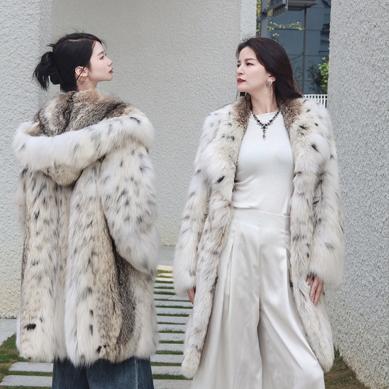 进口加拿大斑点lynx皮草外套带帽竖排中长款保暖优雅裘皮大衣高奢