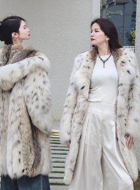 进口加拿大斑点lynx皮草外套带帽竖排中长款保暖优雅裘皮大衣高奢