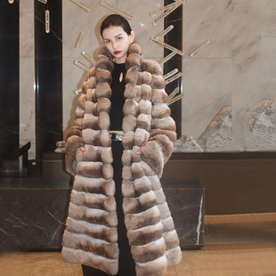 进口南美栗鼠皮草大衣青果领横纹龙猫杏色稀有色青紫蓝裘皮貂外套