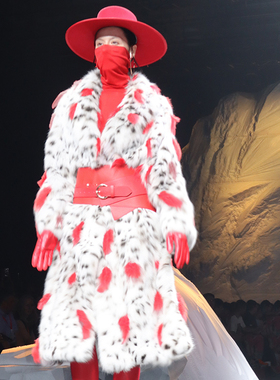 [纯白走秀系列]进口美国lynx皮草大衣西装领中长款裘皮外套斑点猫