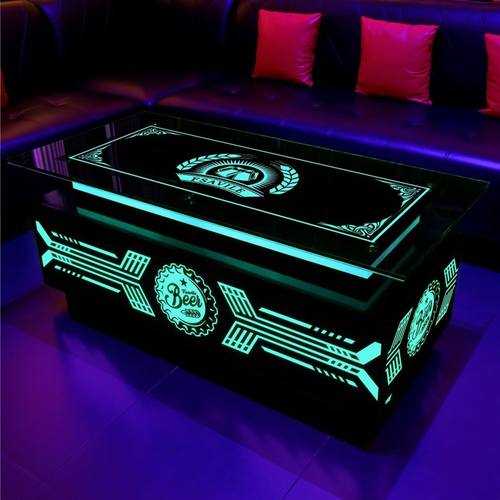 ktv茶几专用钢化玻璃发光酒吧台新款啤酒图案黑色不锈钢桌子现货