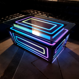 KTV茶几七彩发光加厚钢化玻璃会所酒吧台专用沙发卡座不锈钢桌子