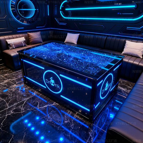 ktv茶几发光钢化玻璃黑色酒吧台沙发卡座不锈钢桌子定制现货厂家