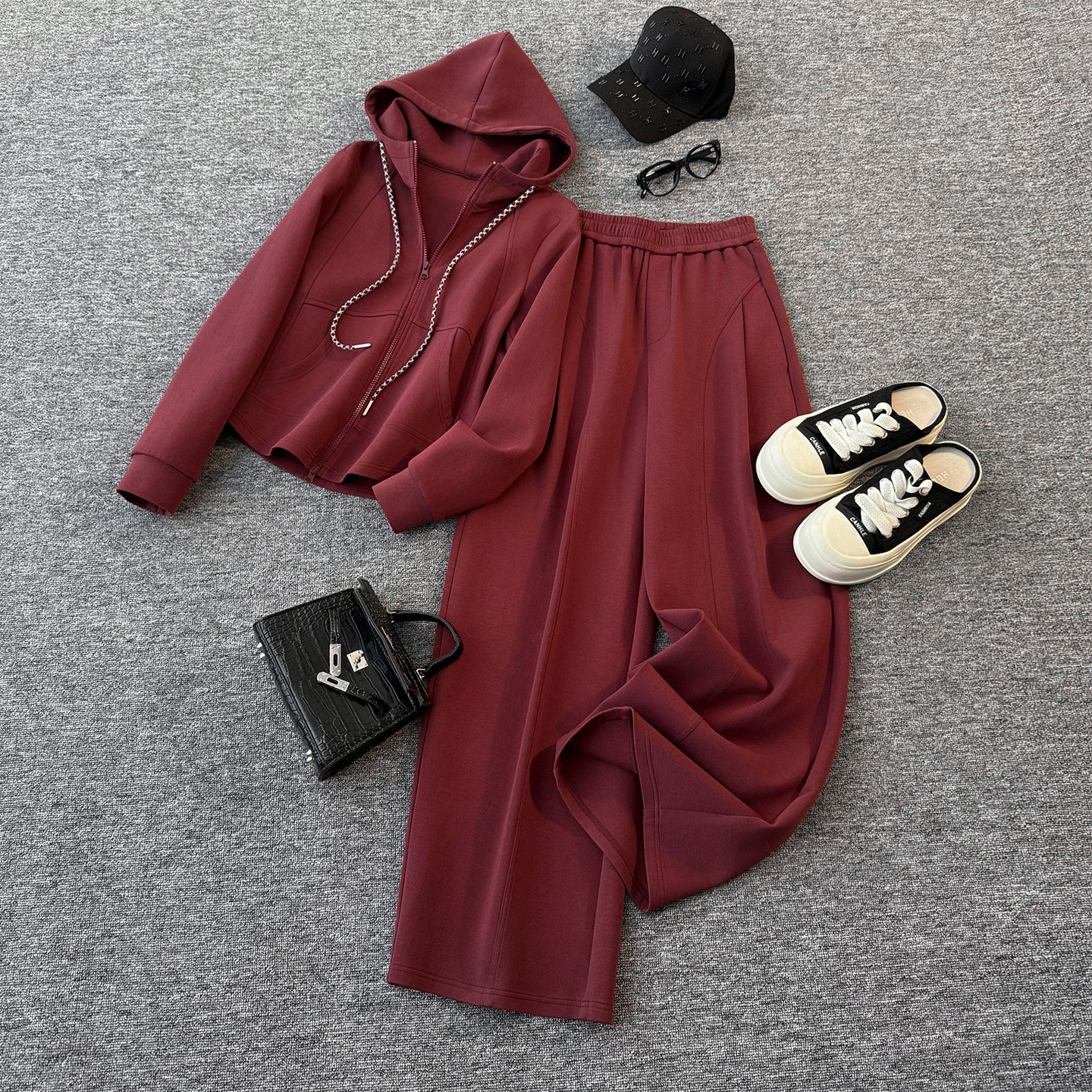 欧货慵懒风时尚套装女春季设计感纯色连帽外套休闲阔腿长裤两件套