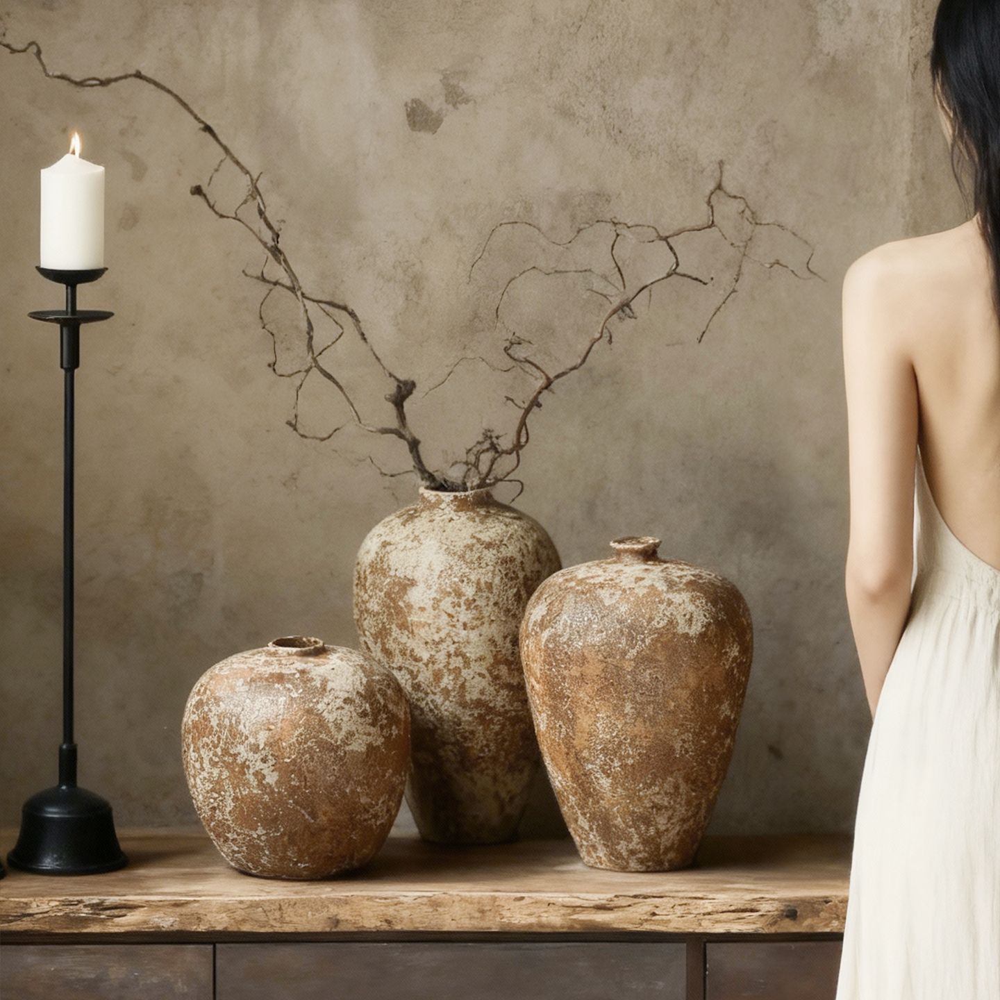 景德镇侘寂风禅意摆件大粗陶罐手工插花民宿酒店复古怀旧陶瓷花瓶