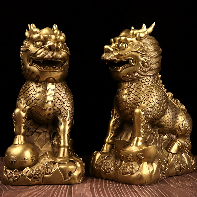 大号精工元宝纯黄铜坐麒麟一对