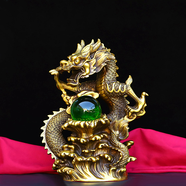 大号复古纯铜金钱龙生肖龙黄铜飞龙戏水蟠龙戏珠中式装饰送礼摆件