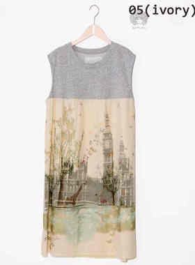 scolar丝柯乐 灰色拼接网纱建筑印花长款无袖连衣裙  561039