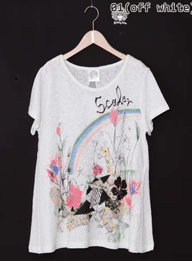 scolar丝柯乐 提花面料彩虹花朵印花后拼接雪纺圆领短袖T  161433