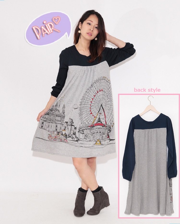 城堡童趣印花甜美长袖套头连衣裙