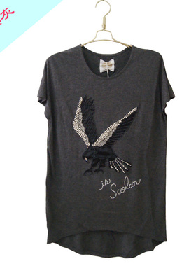 scolar丝柯乐 纯色前贴老鹰绣珠珠前短后长短袖圆领T恤 532030