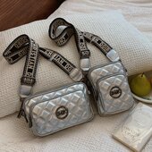 2025新款 女士手机包宽肩带单肩斜挎包小众设计菱格绣线小方包 时尚