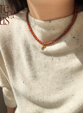 VITREQYOUS  天然红石隔片古董感ins风新年红串珠项链饰品