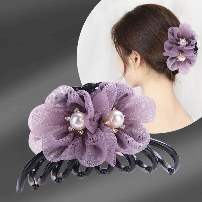 跨境新款韩式燕尾夹花朵马尾夹网纱饰品优雅后脑勺盘发抓夹鸭嘴夹