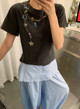 欧洲站女装新款设计项链印花短袖T恤女韩系显瘦百搭个性修身上衣