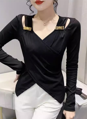 欧洲站女装小众新款性感露肩小众V领长袖上衣T恤修身打底衫欧货潮