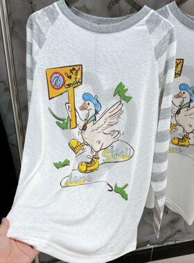 欧洲站女装新款时尚百搭圆领长袖T恤宽松显瘦慵懒风印花上衣潮ins