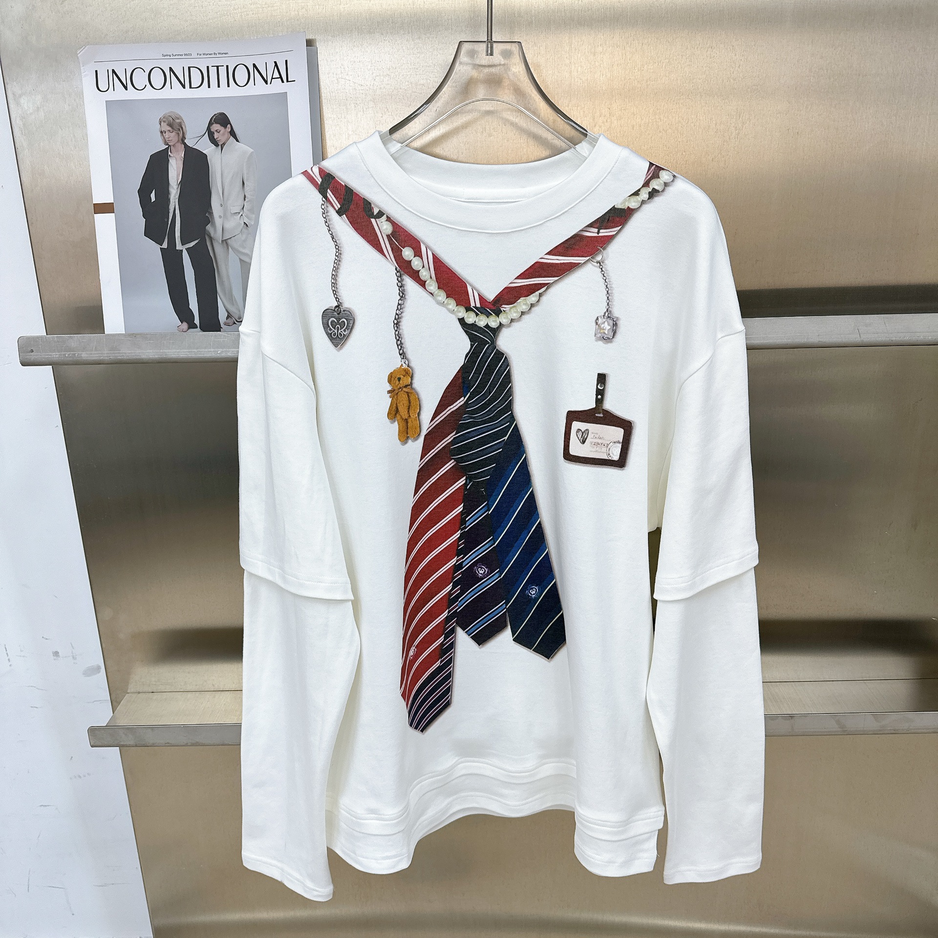 欧洲站女装新款领带小熊挂件趣味3D印花假两件T设计宽松减龄上衣