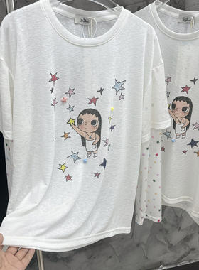 欧洲站女装新款小众设计时尚少女卡通印花长袖假两件T恤慵懒上衣